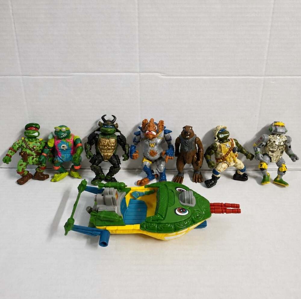Vintage TMNT Action Figures Lot with Turtle Buggy Vehicle Playmates